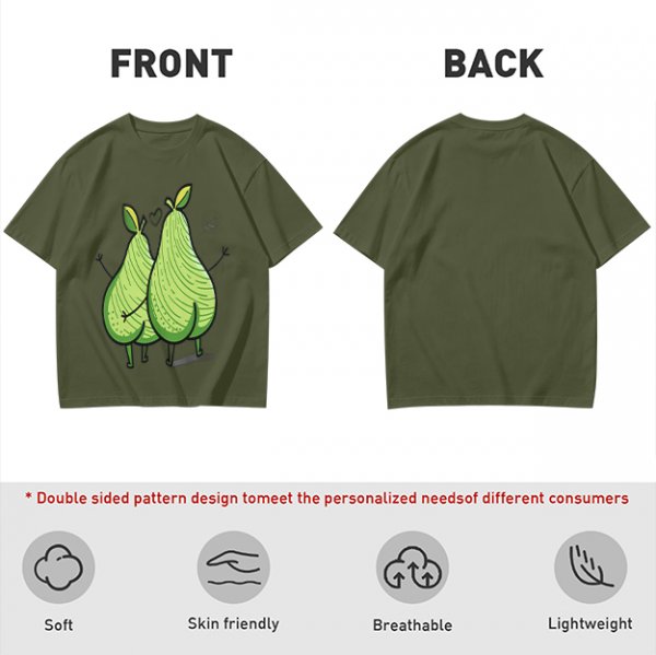 Olive Green T-Shirt With Two Cartoon Pears In Love Graphic