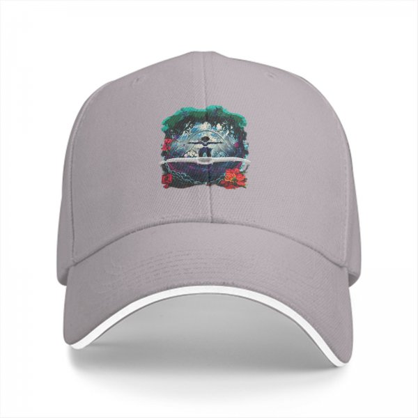 Black Baseball Cap With Fantasy Forest Figure And Red Floral Print