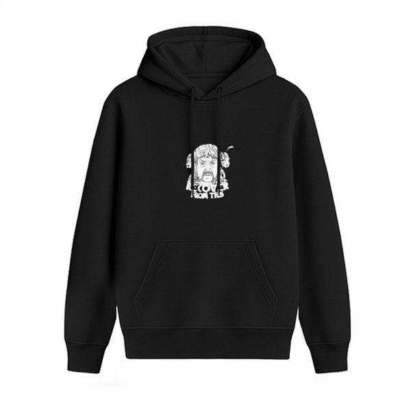 Black graphic hoodie with man and text print