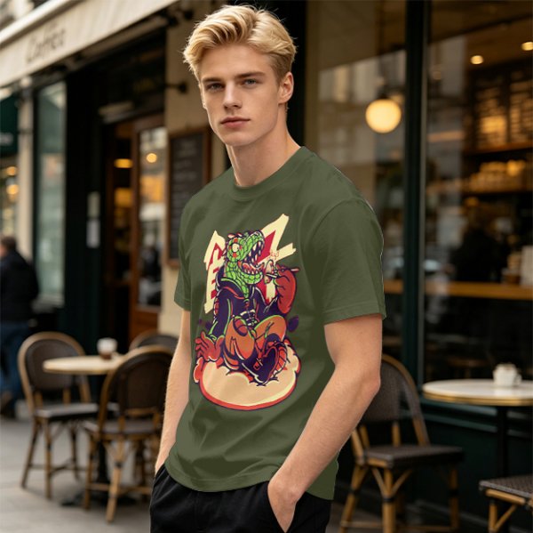 Olive T-Shirt with Cartoon Crocodile Eating Snack Graphic