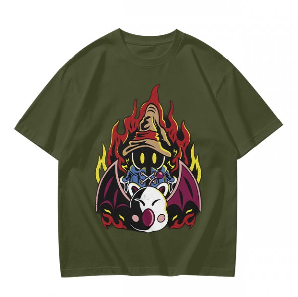 Olive T-shirt with Final Fantasy Vivi and Moogle Fire Artwork