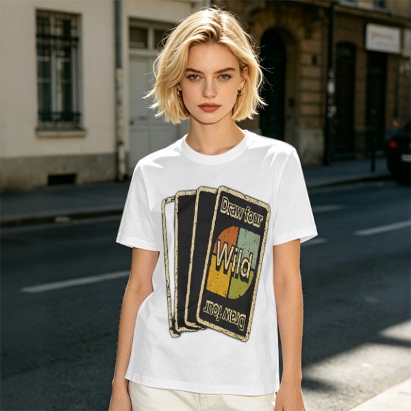 Olive T-Shirt with Retro Uno Wild Draw Four Card Graphic