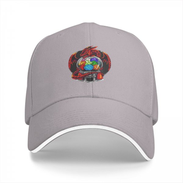 Black baseball cap with red dragon holding polyhedral dice design