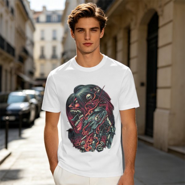 Olive T-Shirt With Dark Fantasy Skull And Monster Graphic Print