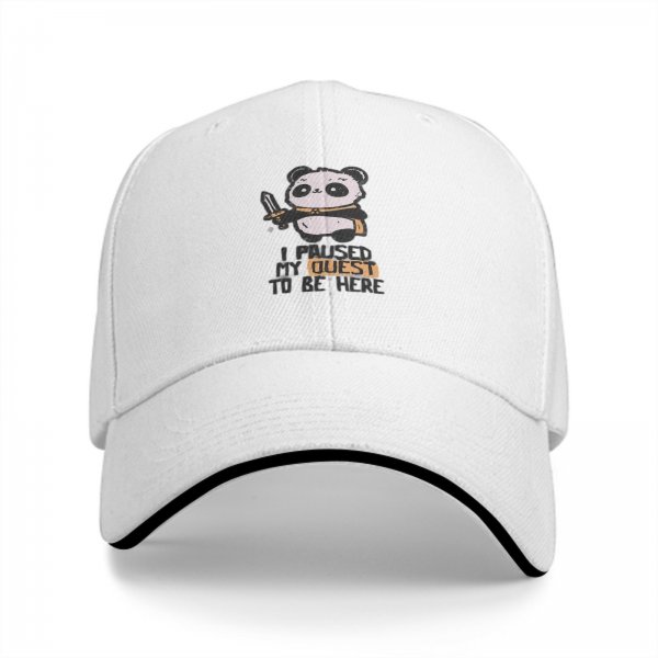 Black baseball cap with panda warrior 'I paused my quest to be here' print