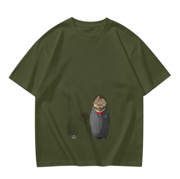Olive Green T-Shirt With Chibi Bearded Man In Suit Graphic