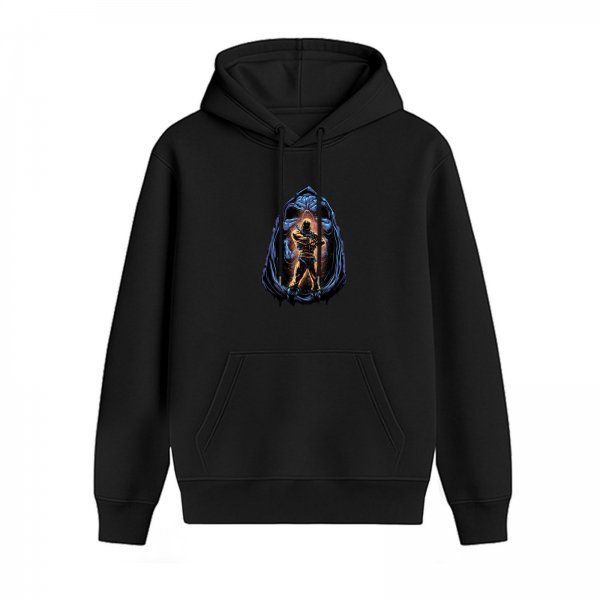 Black Hoodie With Fantasy Warrior In Portal Graphic Print