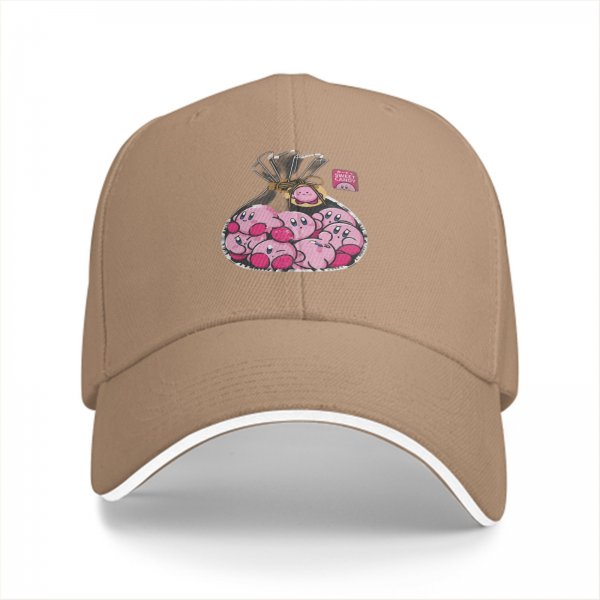 Black baseball cap with a bag of cute pink Kirby characters print