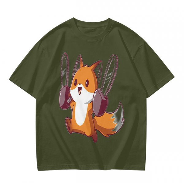 Olive T-shirt with a cute chainsaw squirrel graphic