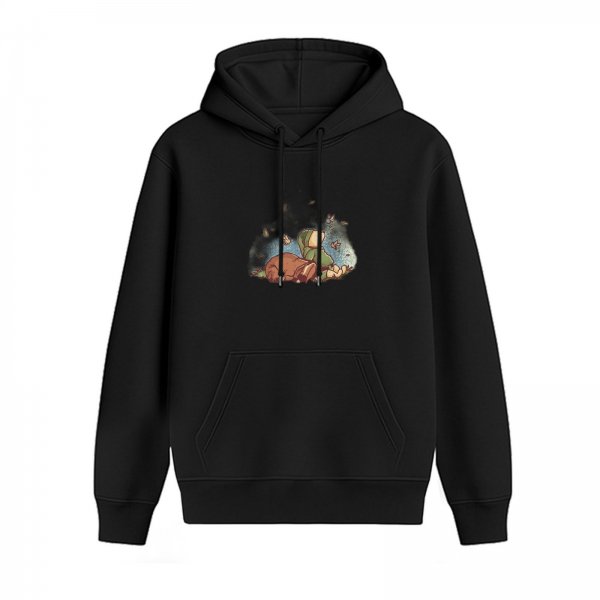 Black hoodie with whimsical seated character and small creatures print