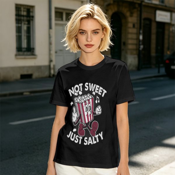 Olive T-Shirt with 'Not Sweet Just Salty' Cartoon Popcorn Print