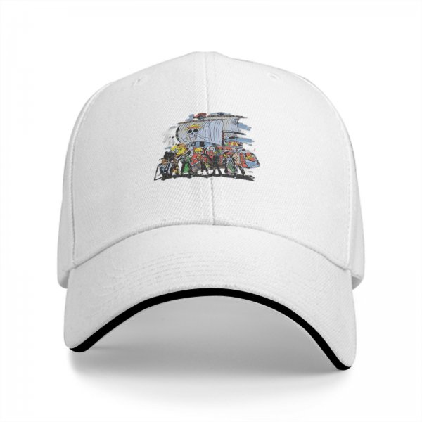 Black Baseball Cap with One Piece Straw Hat Pirates Ship Print