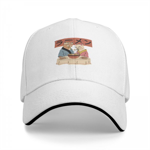 Black baseball cap with cats eating ramen graphic