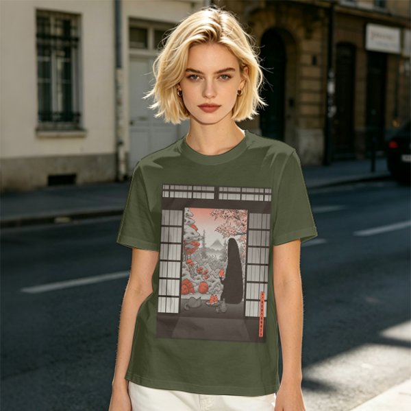 Olive T-Shirt with Japanese Shinto-inspired Window Landscape Print