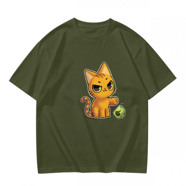 Olive T-shirt with mischievous orange cat knocking over green cup print