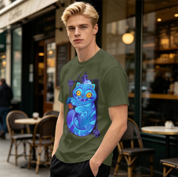 Olive T-Shirt With Cheshire Cat And Crow Graphic Print