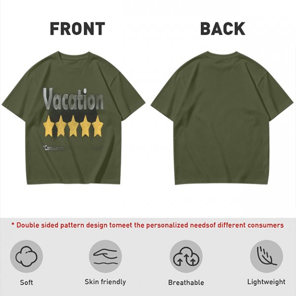 Olive Green T-Shirt With Vacation And Five Star Graphic Print