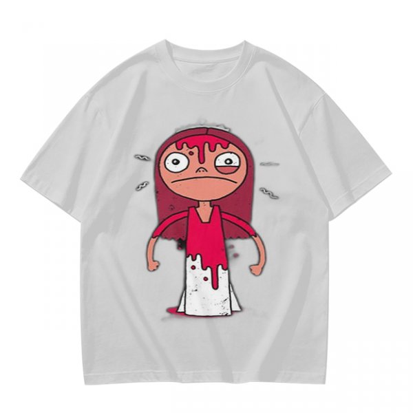 Olive Green T-Shirt With Creepy Cartoon Girl Print