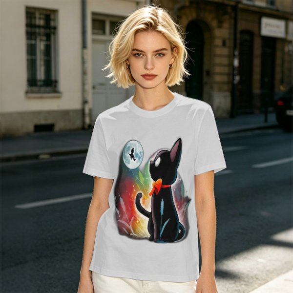 Olive T-shirt with black cat watching moon witch silhouette print