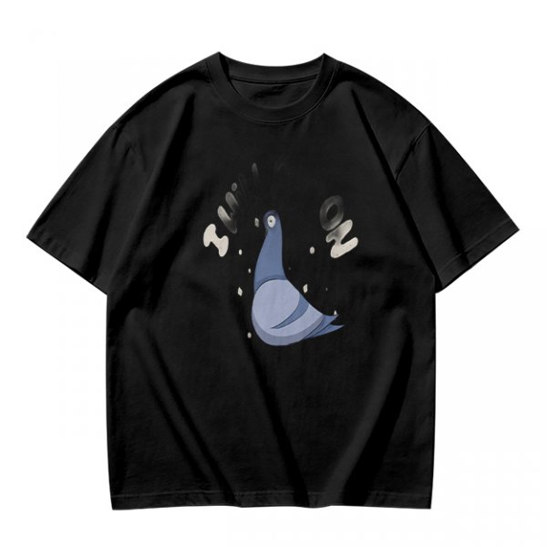 Olive green graphic t-shirt with cartoon pigeon print