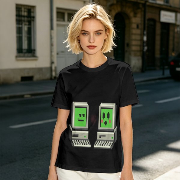 Olive T-shirt with pixel art retro computer characters print