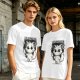 Olive graphic t-shirt with angry cartoon cat holding knife
