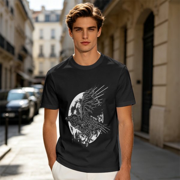 Olive Graphic T-Shirt with Mechanical Raven and Full Moon Print
