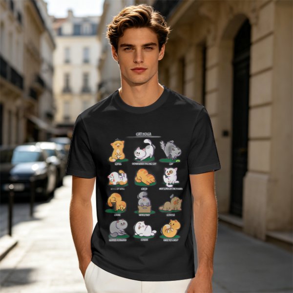 Olive Green T-Shirt With Cute Cat Yoga Pose Illustrations