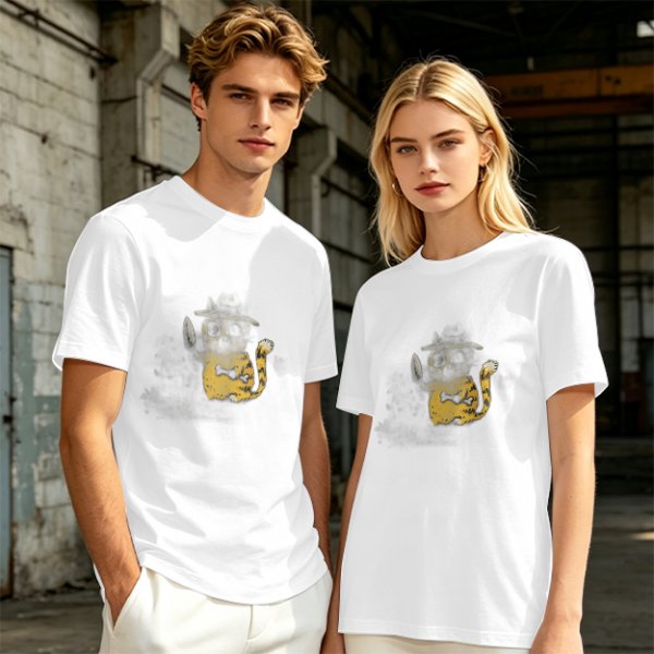 Olive T-Shirt With Whimsical Cat Fish Hybrid Graphic