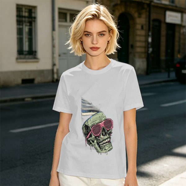 Olive T-Shirt With Party Skull Wearing Pink Shutter Shades
