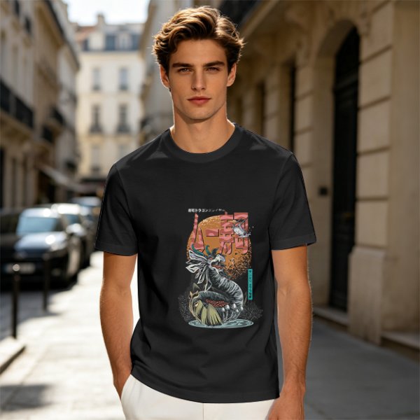 Olive T-Shirt with Japanese Dragon and Sun Graphic Print