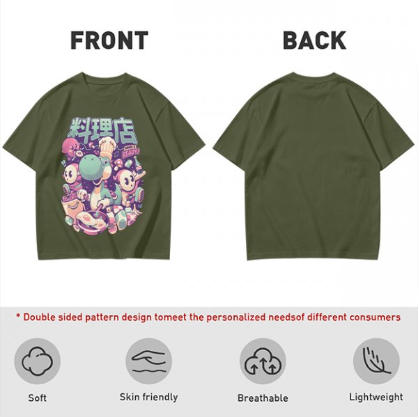 Olive t-shirt with dinosaur chef and cute character cooking graphic