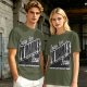 Olive green graphic t-shirt with 'Greetings from Yo Mama's House' print