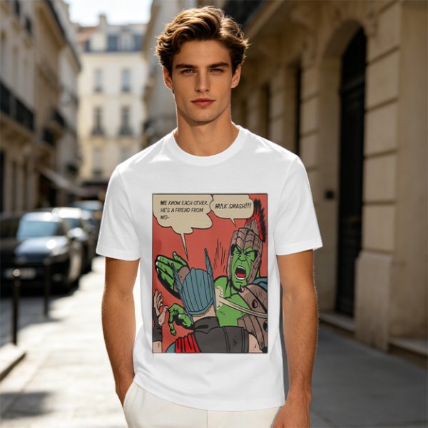 Olive t-shirt with comic print of Hulk and Thor mid-smashed interaction