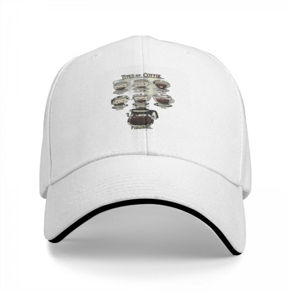 Black baseball cap with coffee types graphic print
