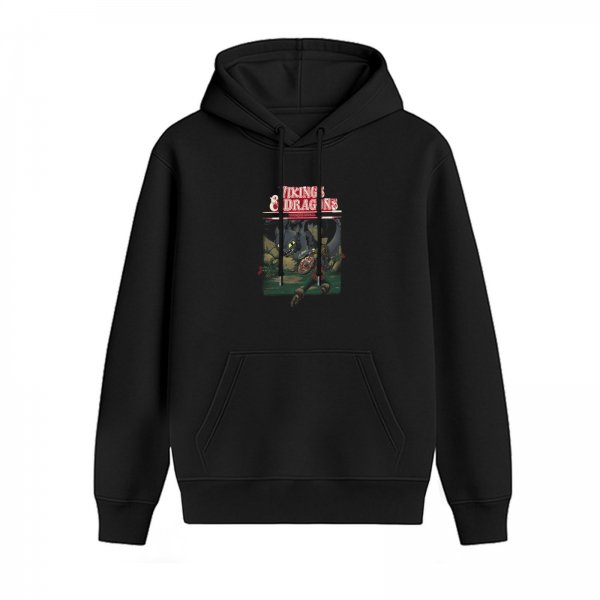 Black Hoodie With Vikings And Dragons Fantasy Graphic Print