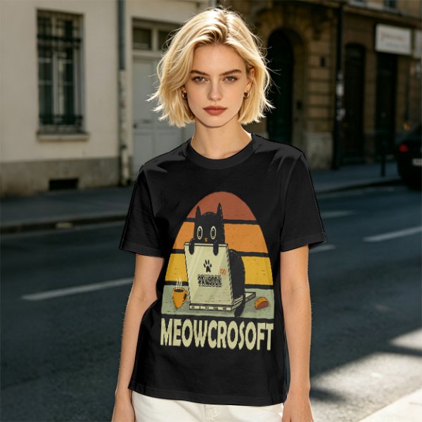 Olive t-shirt with black cat using laptop and Meowcrosoft text