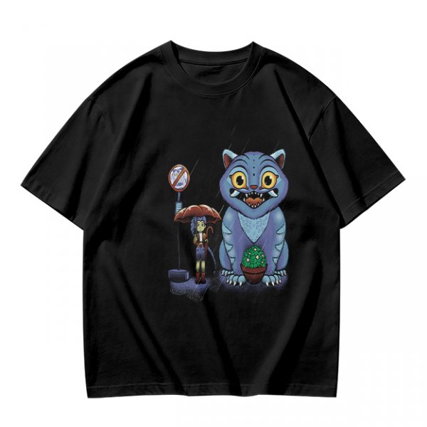 Olive T-Shirt With Whimsical Blue Cat And Mushroom Figure Print