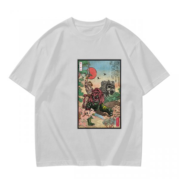 Olive T-shirt with ukiyo-e style fantasy creature graphic print