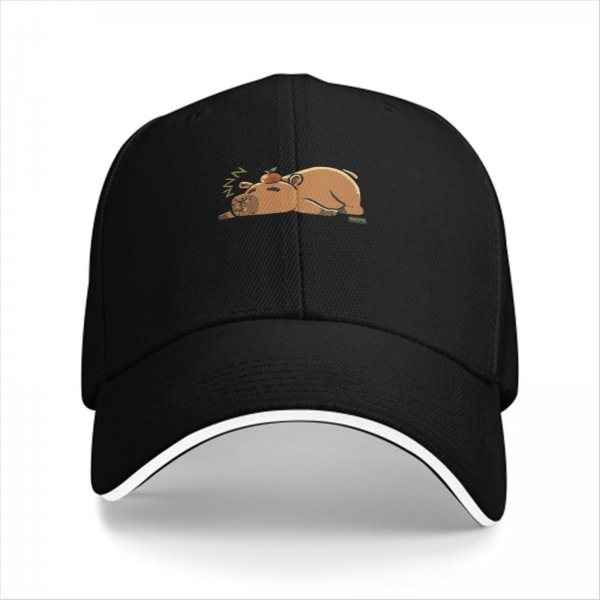Black baseball cap with a sleeping capybara graphic