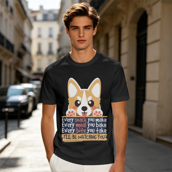 Olive t-shirt with corgi graphic and 'I'll Be Watching You' snack quote