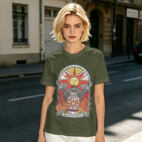 Olive T-Shirt With Stained Glass Style Praise The Sun Knight Print