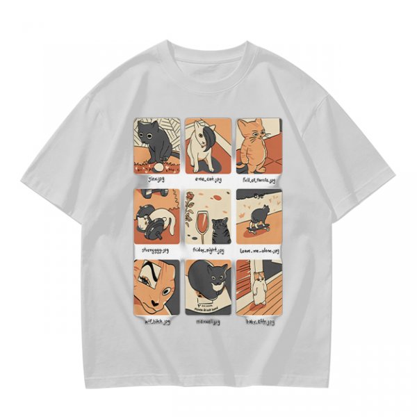 Olive T-Shirt with 9 Grid Cute Cat Illustrations Print