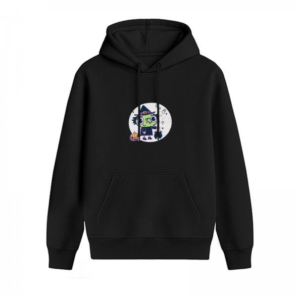Black hoodie with cute cartoon witch Halloween graphic