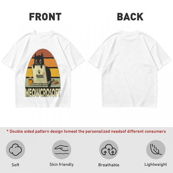 Olive t-shirt with black cat using laptop and Meowcrosoft text