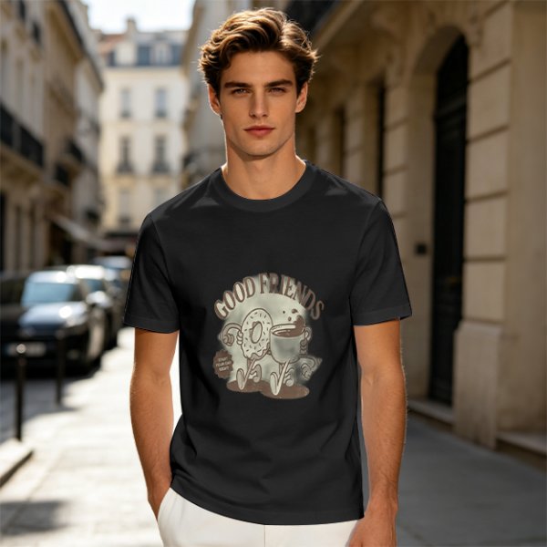 Olive green graphic t-shirt with good friends donut and coffee print