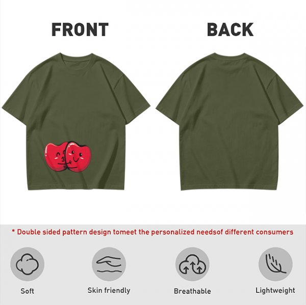 Olive green t-shirt with cute hugging red beans graphic
