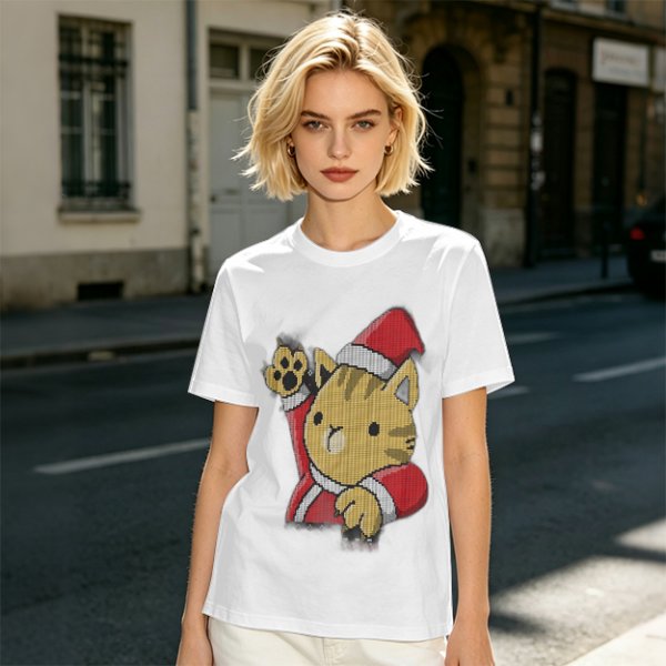 Olive Green T-Shirt With Waving Christmas Cat Graphic