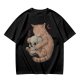 Olive T-Shirt Featuring a Ginger Cat Hugging a Skull