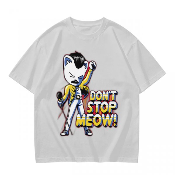 Olive graphic t-shirt with cat Freddie Mercury 'Don't Stop Meow' print